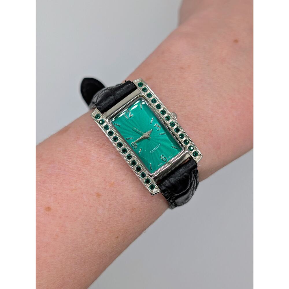 Green Dial Rectangular Quartz Watch Crystal Accen… - image 4